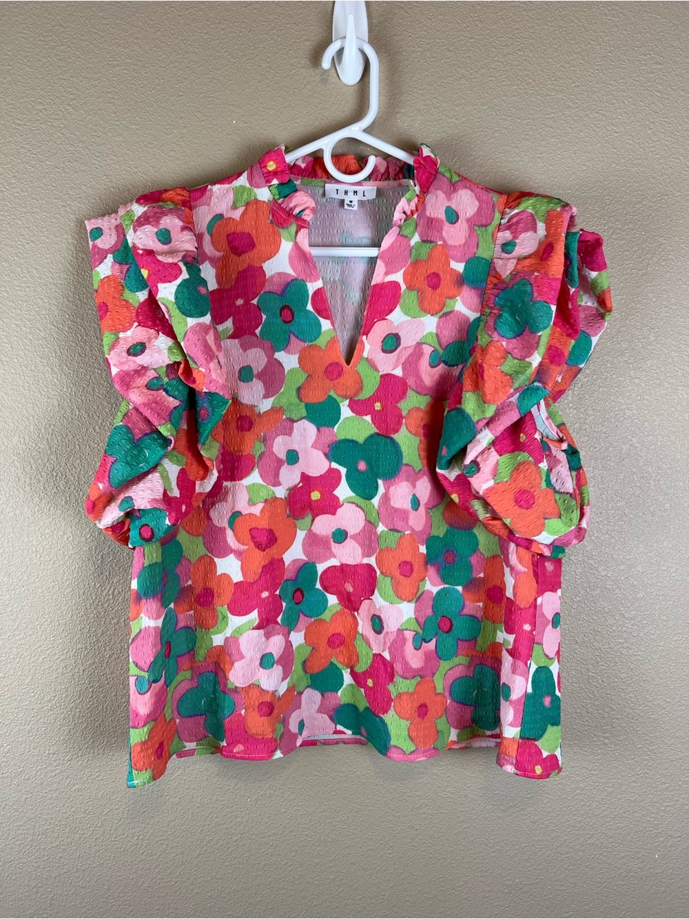 THML bold floral puff sleeve blouse